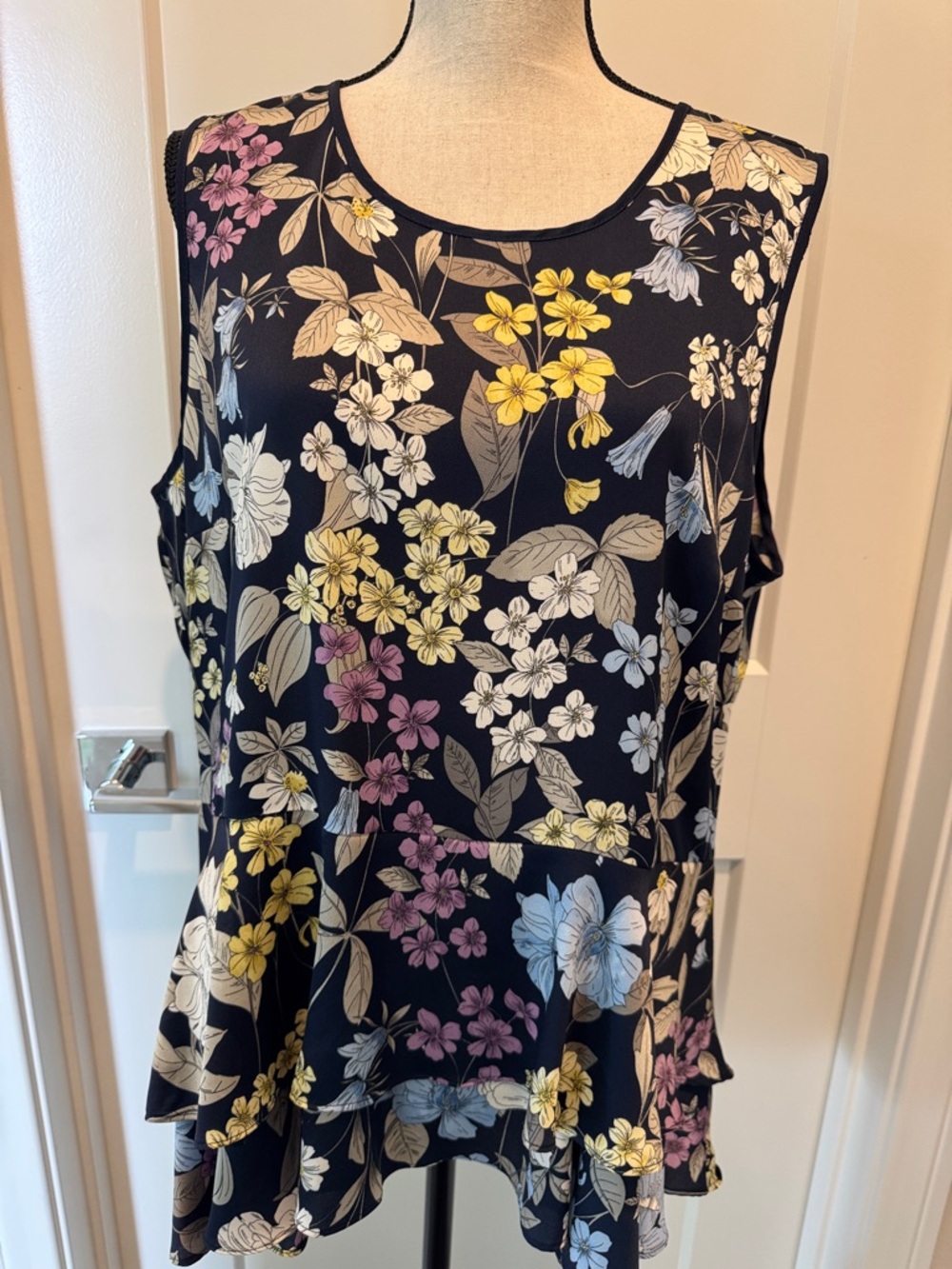 Vince Camuto Navy Sleeveless Floral Peplum Tank with Yellow, Pink & Blue Blooms